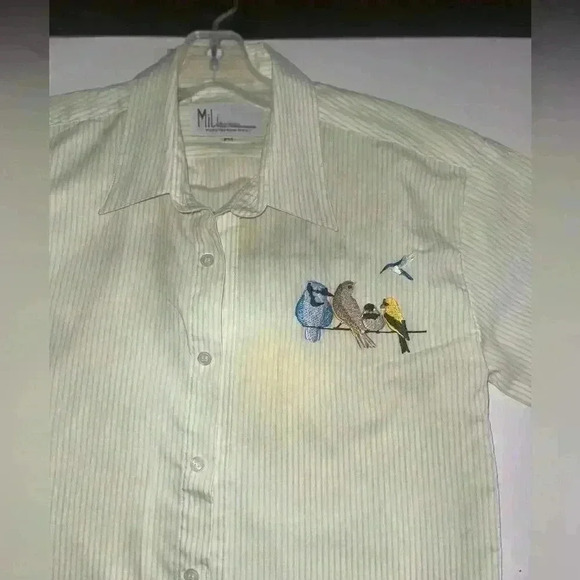 Vintage MiLi designsPinstriped Button-Up Shirt with  Embroidered Birds - Picture 5 of 10